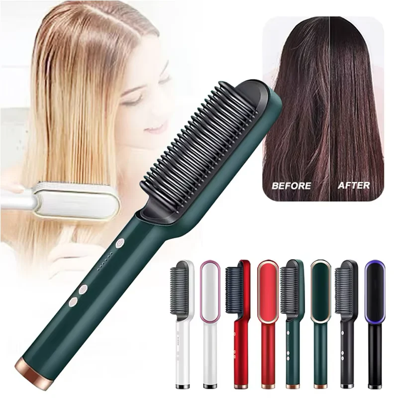 2-in-1 Hair Straightening Brush & Curling Comb – Quick Heating Hair Styler for Smooth Hair